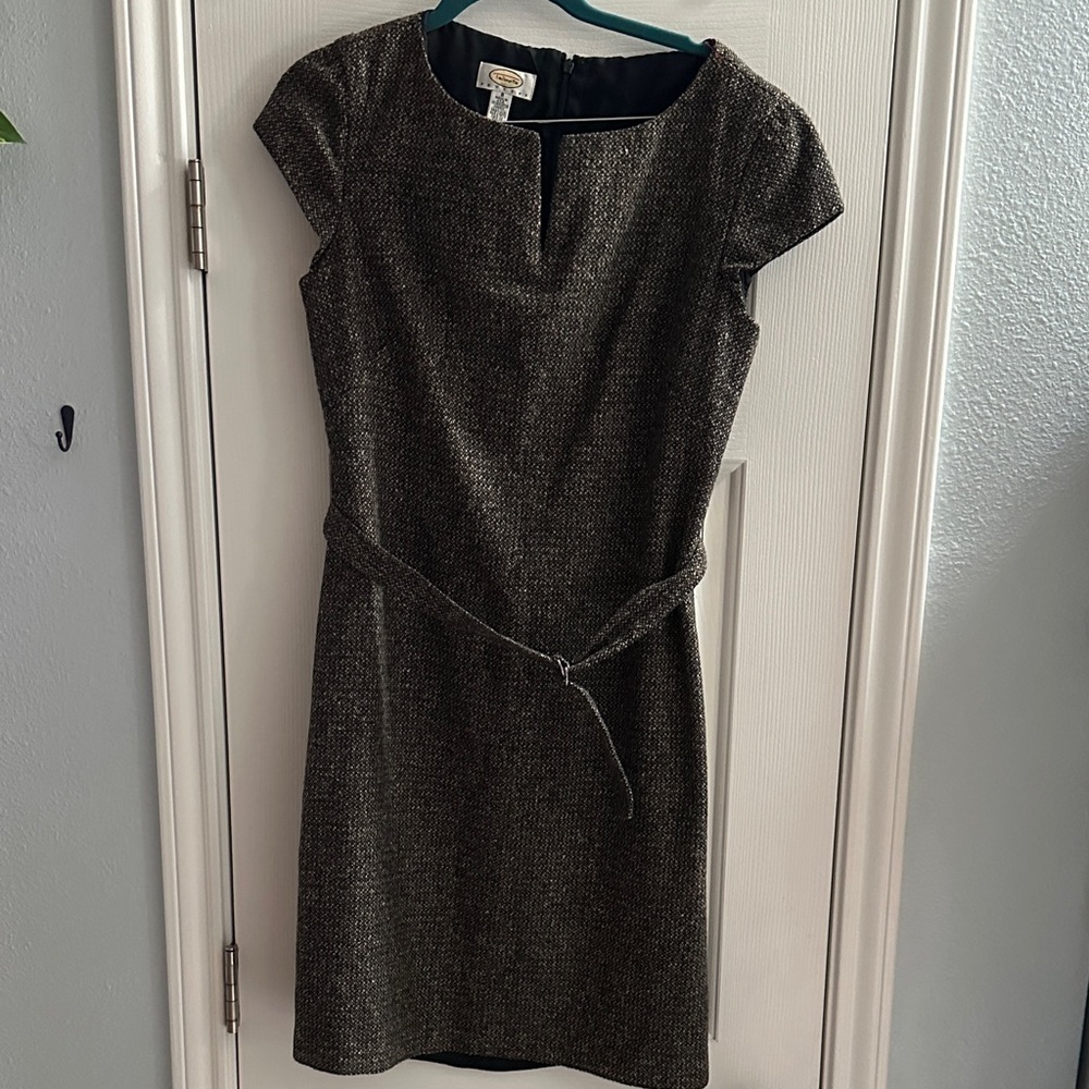Talbots Vintage Brown Black Tweed Wool Blend Dress Belted Light Academia Size 8
